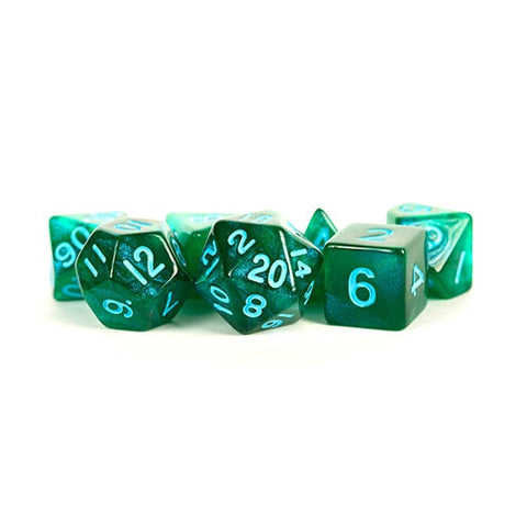 16mm Acrylic Polyhedral Dice Set: Stardust Green w/ Blue Numbers
